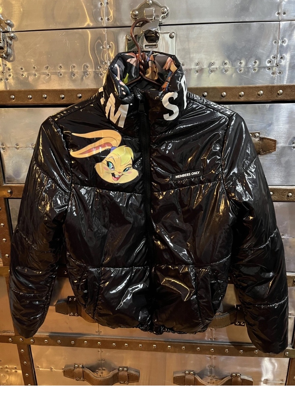 Members Only Space Jam Cropped Black Gloss Puffer Jacket